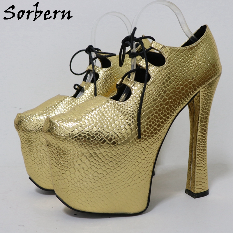 Pump Heel Block - Sorbern Gold Crocodile 20Cm Pump Unisex