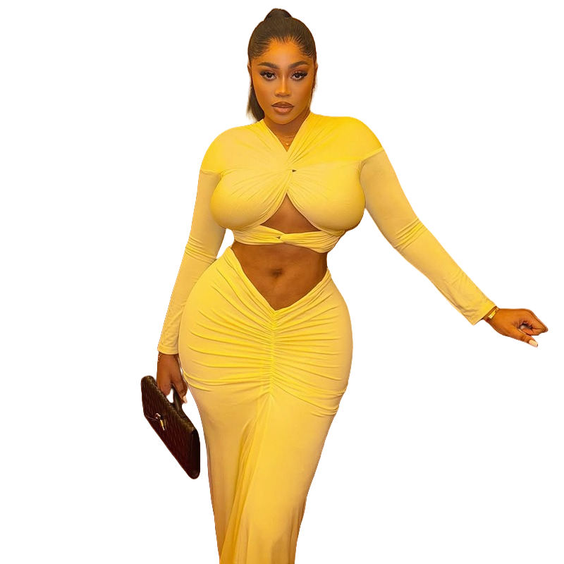 Pencil Skirt Midi - Women's V-Neck Long Sleeve Hollow-out Crop