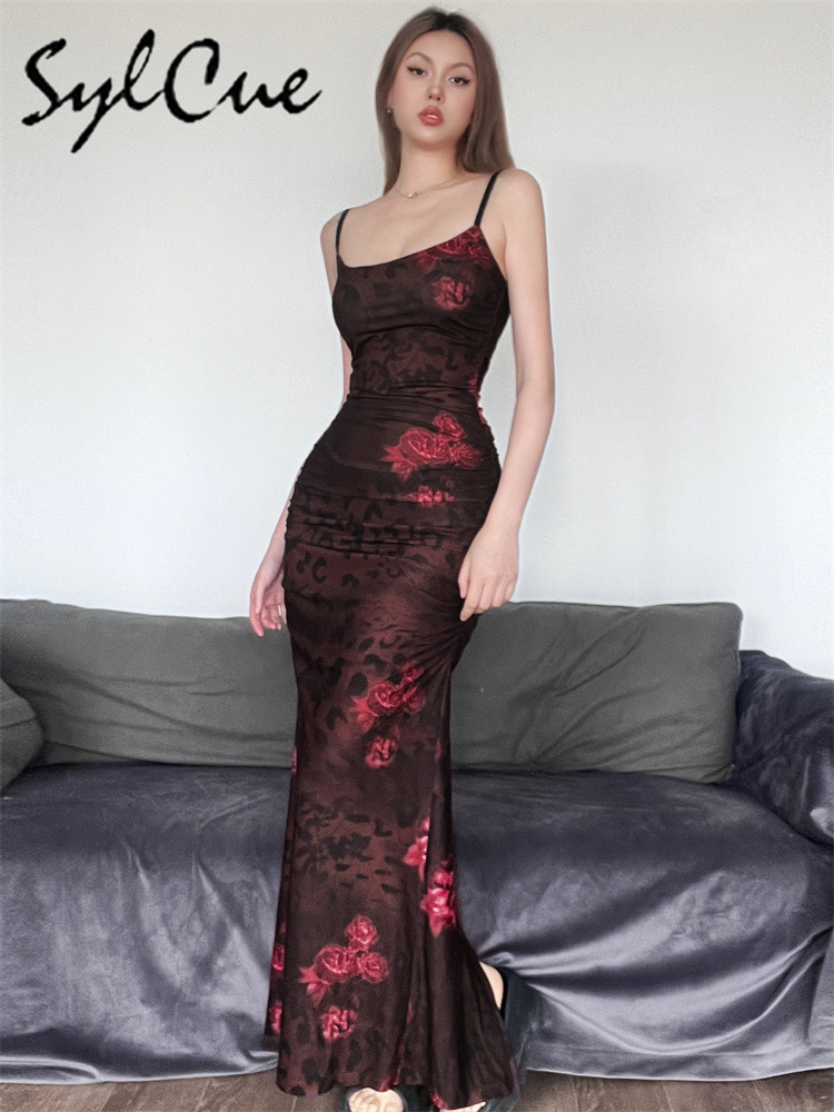 Women'S Red Formal Wear - Sylcue Red Printed Design Summer Party