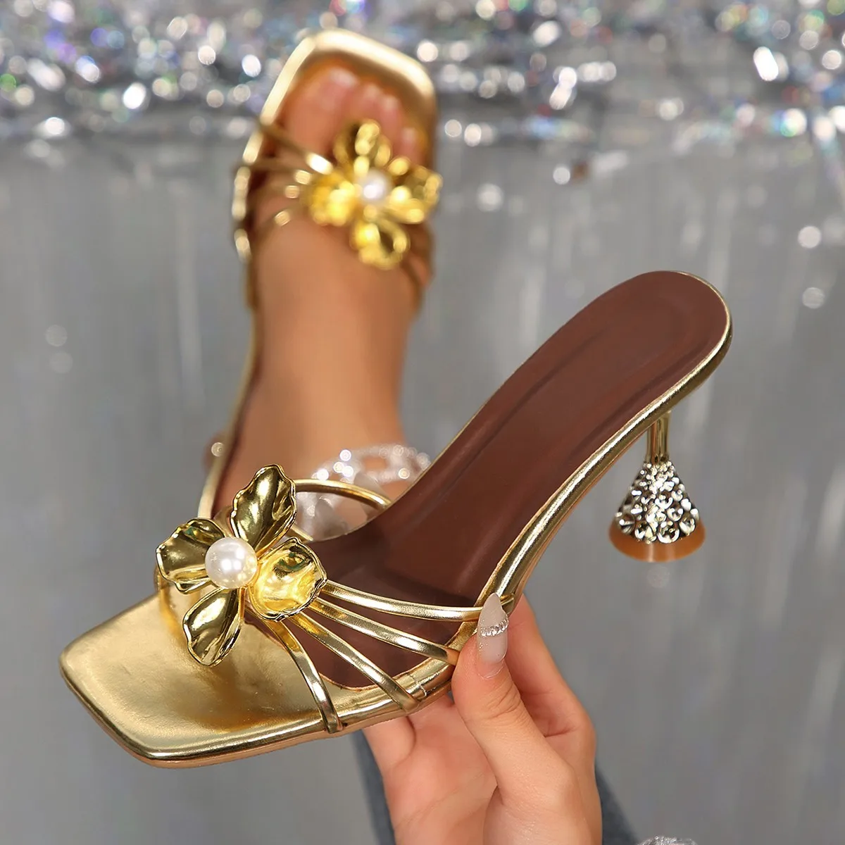 Vintage Women'S Formal Wear - Vintage Metal Flower Crystal Cone Heel
