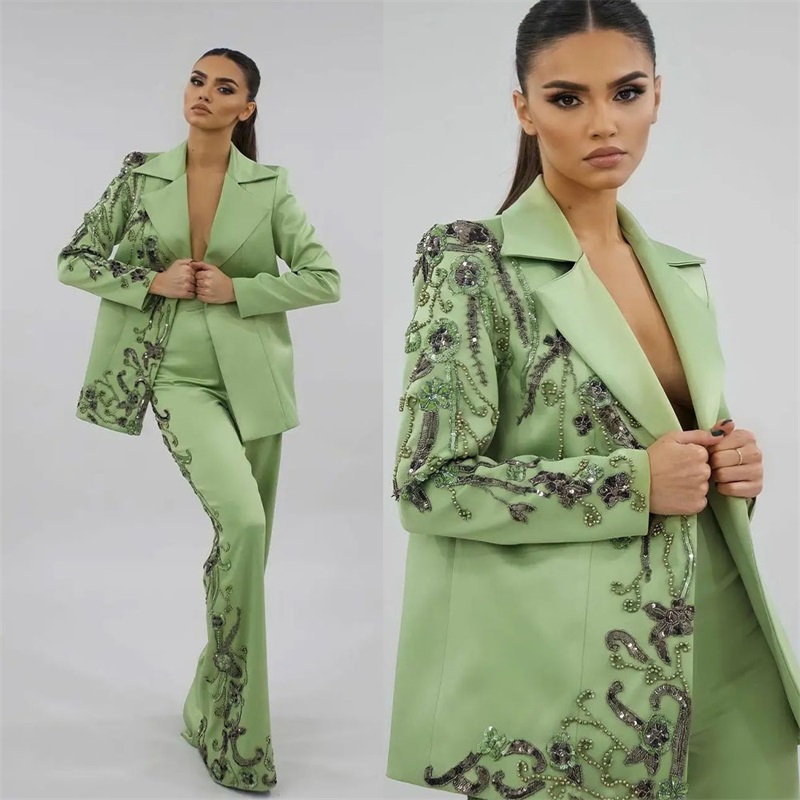 Women Luxury Formal Wear - Designer Green Satin Women Suits Set