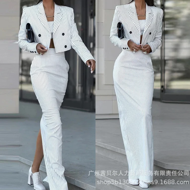 Striped Blazer Coat & Slit Ski - Pencil Skirt Midi 评论和价格