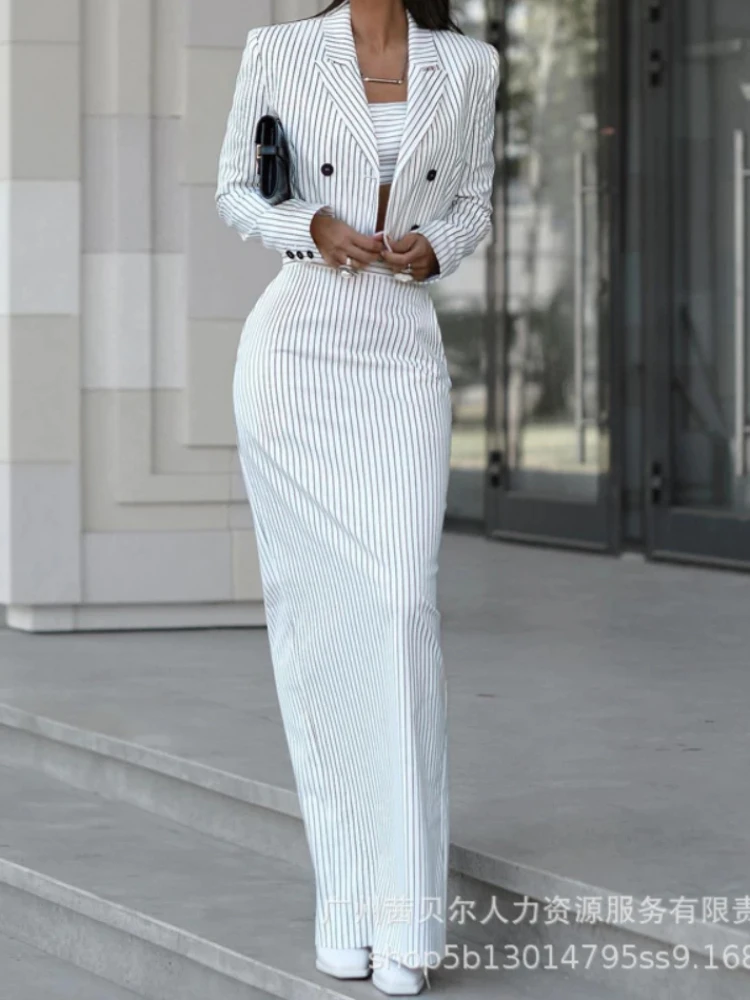 Striped Blazer Coat & Slit Ski - Pencil Skirt Midi 评论和价格