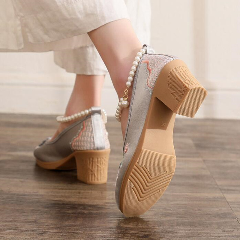 Women Vintage Pearls Ankle Str - Pump Heel Block 评论和价格