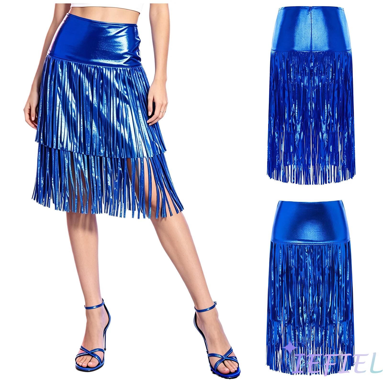 Women Metallic Shiny Fringed M - Pencil Skirt Midi 评论和价格