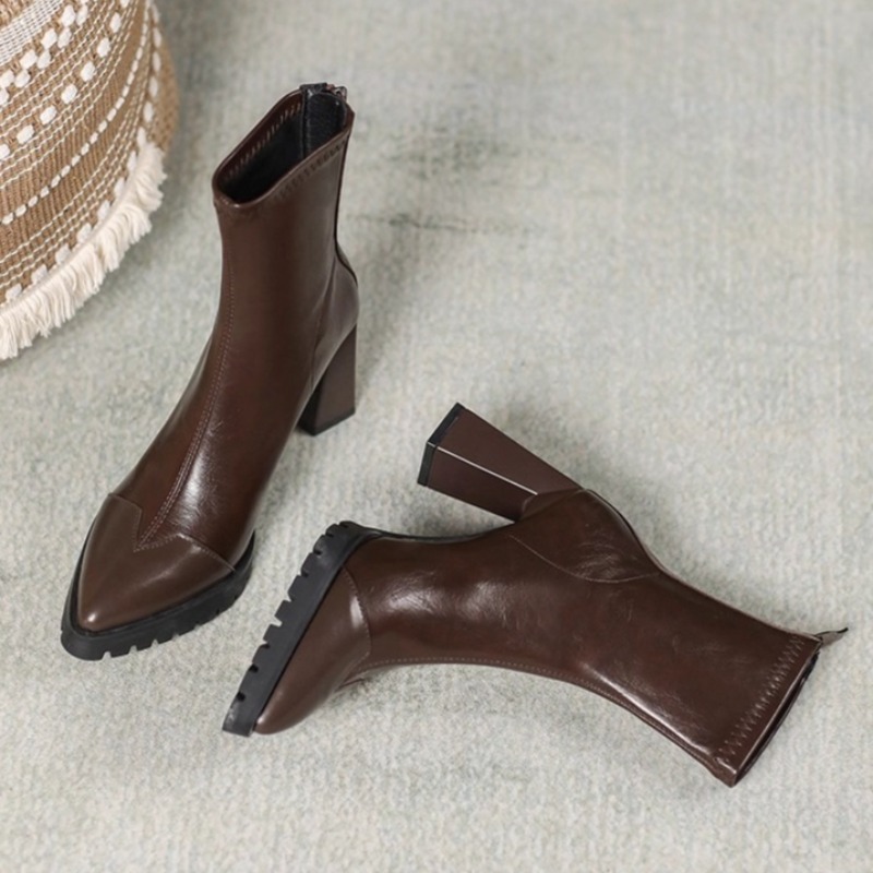 Pointed Toe French Tight Boots - Pump Heel Block 评论和价格