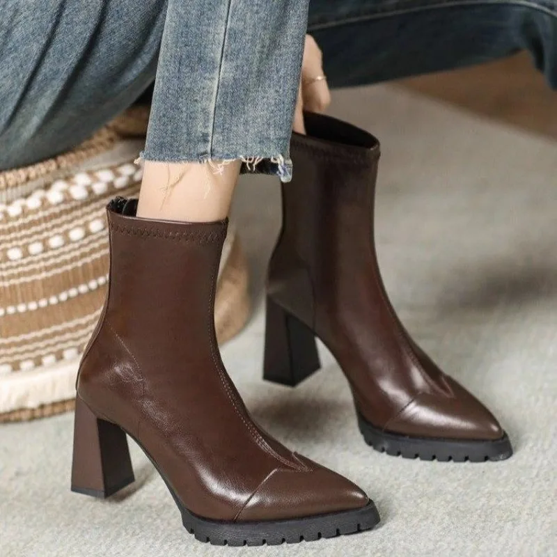 Pointed Toe French Tight Boots - Pump Heel Block 评论和价格