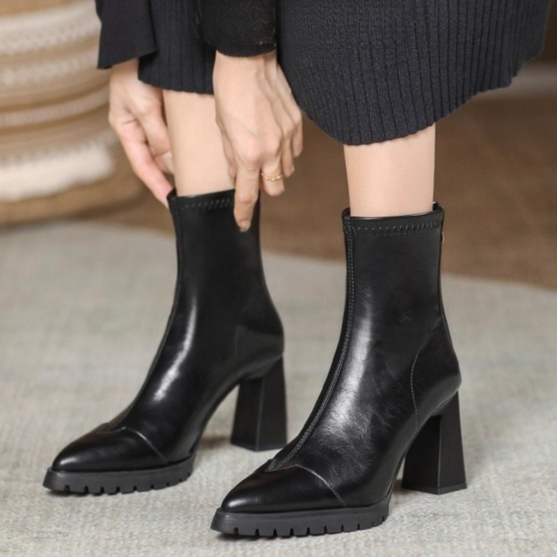 Pointed Toe French Tight Boots - Pump Heel Block 评论和价格