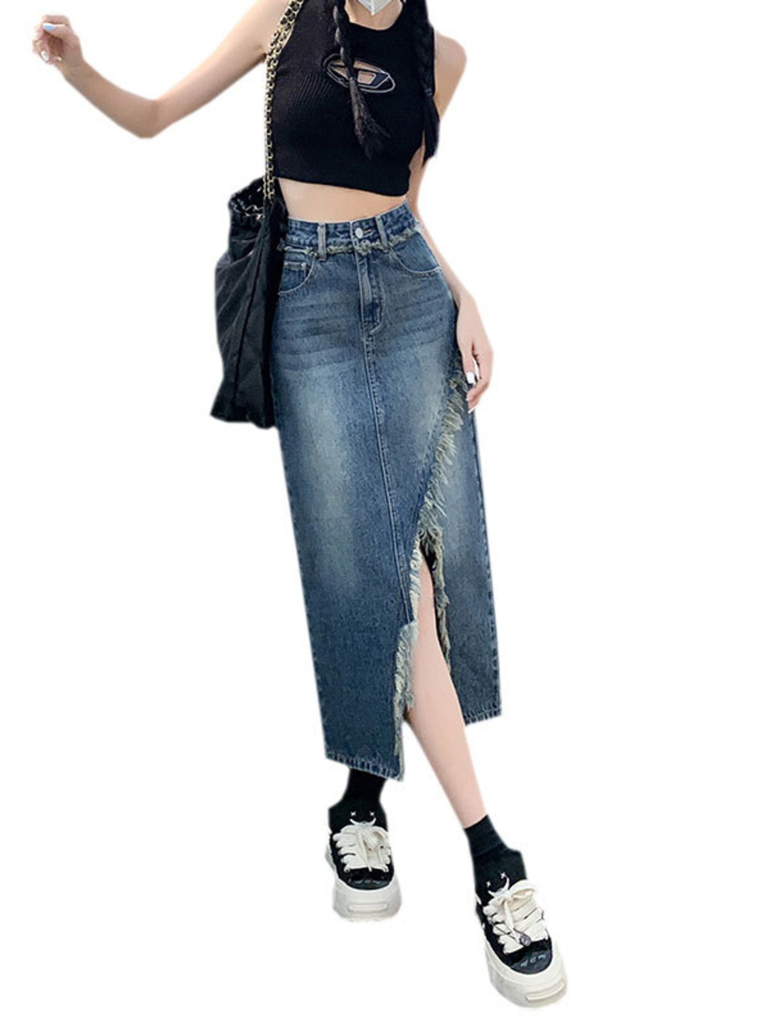 Women's High Waist Denim Skirt - Pencil Skirt Midi 评论和价格